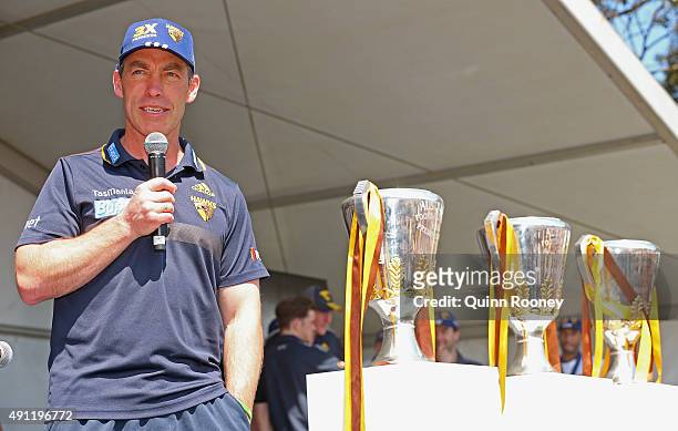 Alastair Clarkson the coach of the Hawks speaks during the Hawthorn Hawks AFL Grand Final fan day at Glenferrie Oval on October 4, 2015 in Melbourne,...