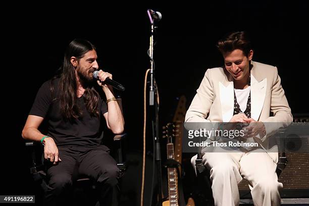 Musicians Jeff Bhasker and Mark Ronson speak on stage during The New Yorker Festival 2015 at Gramercy Theatre on October 3, 2015 in New York City.