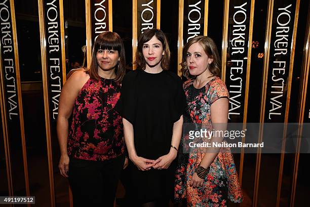 Janet Weiss, Carrie Brownstein and Corin Tucker of the band Sleater-Kinney attend the 2015 New Yorker Festival Wrap Party hosted by David Remnick...