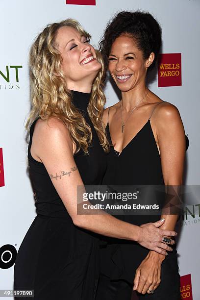 Actresses Teri Polo and Sherri Saum arrive at the Point Foundation's Voices On Point Gala at the Hyatt Regency Century Plaza on October 3, 2015 in...