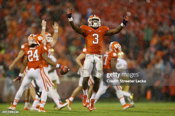 Artavis Scott of the Clemson Tigers reacts after the Tigers defeated the Notre Dame Fighting Irish 24-22 during their game at Clemson Memorial...