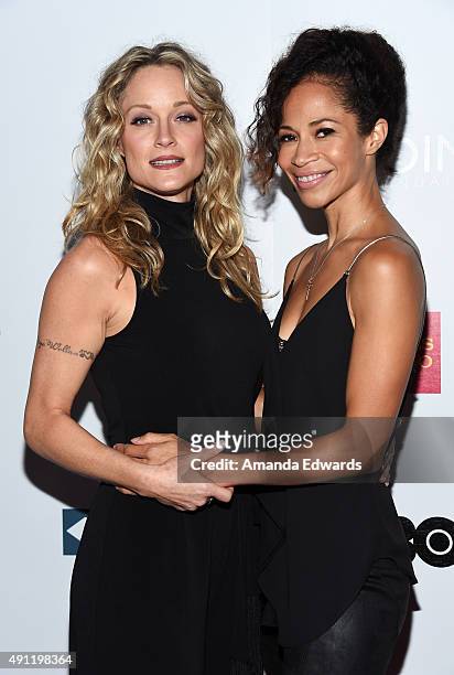Actresses Teri Polo and Sherri Saum arrive at the Point Foundation's Voices On Point Gala at the Hyatt Regency Century Plaza on October 3, 2015 in...