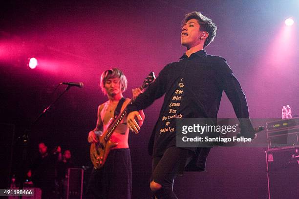 Takahiro Moriuchi and Toru Yamashita perform onstage during the bands 'One Ok Rock In Concert' tour at PlayStation Theater on October 3, 2015 in New...