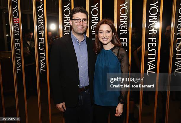 Screenwriter Michael Koman and actress Ellie Kemper attends the 2015 New Yorker Festival Wrap Party hosted by David Remnick at the top of the...