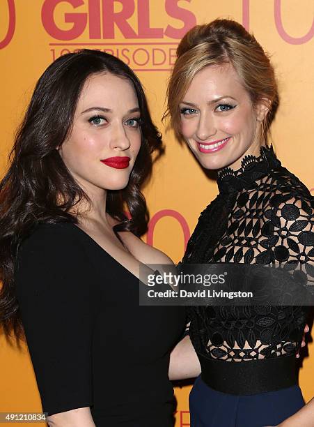 Actresses Kat Dennings and Beth Behrs attend the 100th episode celebration of CBS' '2 Broke Girls' at Mrs. Fish on October 3, 2015 in Los Angeles,...