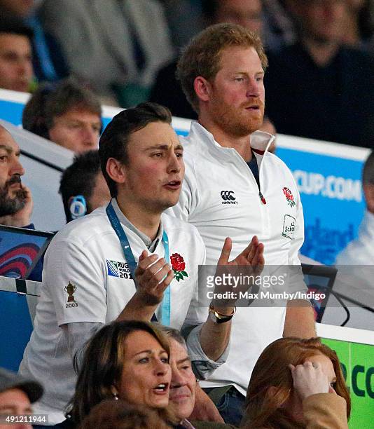 Charlie van Straubenzee and Prince Harry attend the England v Australia match during the Rugby World Cup 2015 at Twickenham Stadium on October 3,...