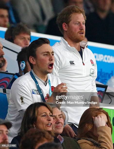 Charlie van Straubenzee and Prince Harry attend the England v Australia match during the Rugby World Cup 2015 at Twickenham Stadium on October 3,...