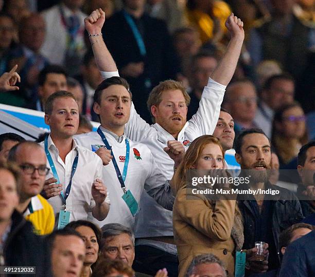 Guy Pelly, Charlie van Straubenzee, Prince Harry and James Middleton attend the England v Australia match during the Rugby World Cup 2015 at...