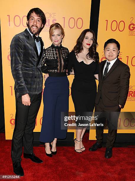 Jonathan Kite, Beth Behrs, Kat Dennings and Matthew Moy attend the 100th episode celebration of CBS' "2 Broke Girls" at Mrs. Fish on October 3, 2015...