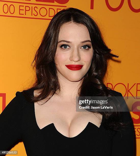 Actress Kat Dennings attends the 100th episode celebration of CBS' "2 Broke Girls" at Mrs. Fish on October 3, 2015 in Los Angeles, California.