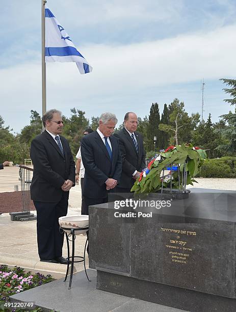 Defense Secretary Chuck Hagel and Israeli Defense Minister Moshe Ya'alon pay their respects at the tomb of Theodor Herzl, the founder of modern...