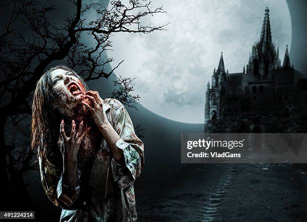 zombie in old cemetery - vampire silhouette stock pictures, royalty-free photos & images