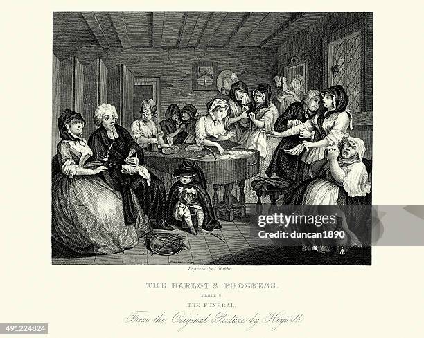 william hogarth a harlot's progress - funeral wake stock illustrations