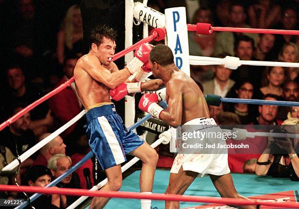 Felix Trinidad knocks Oscar De La Hoya back into the ropes during the welterweight title fight at the Mandalay Bay Casino in Las Vegas, Nevada....