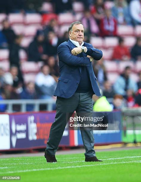 Sunderland manager Dick Advocaat gestures during the Barclays Premier League match between Sunderland and West Ham United at The Stadium of Light on...