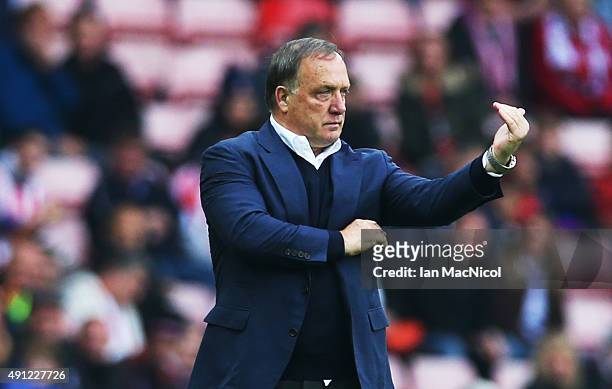 Sunderland manager Dick Advocaat gestures during the Barclays Premier League match between Sunderland and West Ham United at The Stadium of Light on...