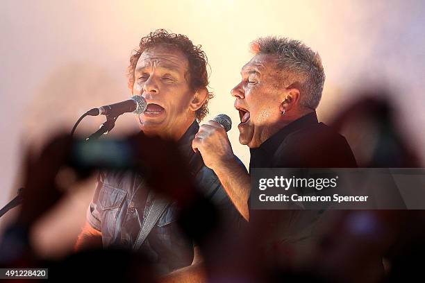 Ian Moss and Jimmy Barnes of Cold Chisel perform ahead of the 2015 NRL Grand Final match between the Brisbane Broncos and the North Queensland...