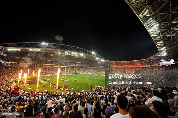 General view during play during the 2015 NRL Grand Final match between the Brisbane Broncos and the North Queensland Cowboys at ANZ Stadium on...