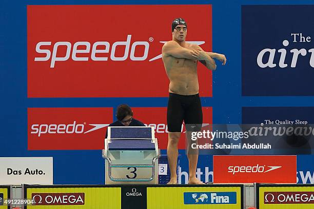 Renato Prono of Paraguay prepares to compete in the Men's 100m Breaststroke Heat during the FINA World Cup at the OCBC Aquatic Centre on October 4,...