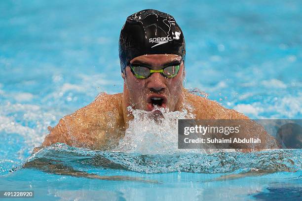 Renato Prono of Paraguay prepares to compete in the Men's 100m Breaststroke Heat during the FINA World Cup at the OCBC Aquatic Centre on October 4,...