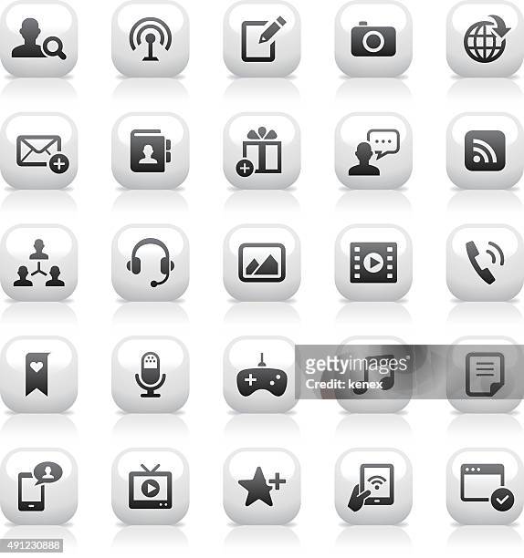 ilustraciones, imágenes clip art, dibujos animados e iconos de stock de botón blanco conjunto de iconos de redes sociales / - video call