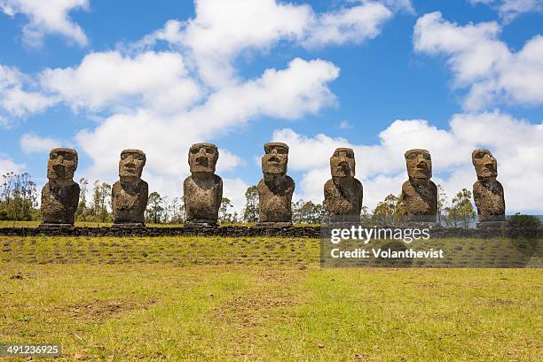 ahu akivi moai looking out to sea, easter island. - easter_island stock pictures, royalty-free photos & images