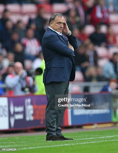 Sunderland manager Dick Advocaat looks on during the Barclays Premier League match between Sunderland and West Ham United at The Stadium of Light on...