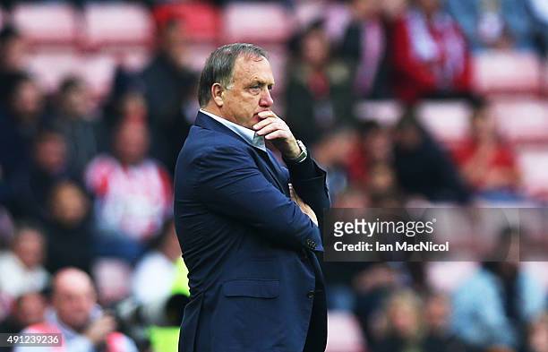 Sunderland manager Dick Advocaat looks on during the Barclays Premier League match between Sunderland and West Ham United at The Stadium of Light on...