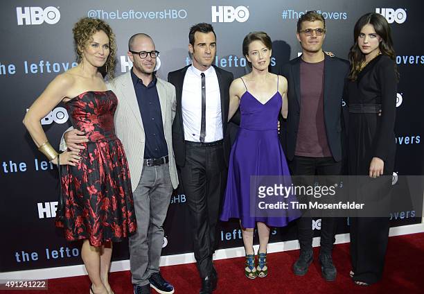 Amy Brenneman, Damon Lindelof, Justin Theroux, Carrie Coon, Chris Zylka, and Margaret Qualley attend HBO's "The Leftovers" Season 2 Premiere during...