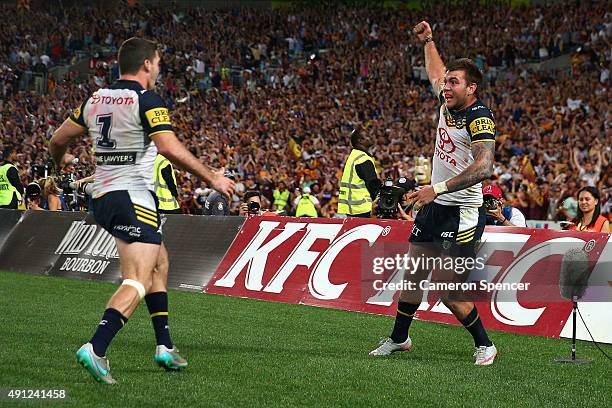 Kyle Feldt of the Cowboys scores a try during the 2015 NRL Grand Final match between the Brisbane Broncos and the North Queensland Cowboys at ANZ...