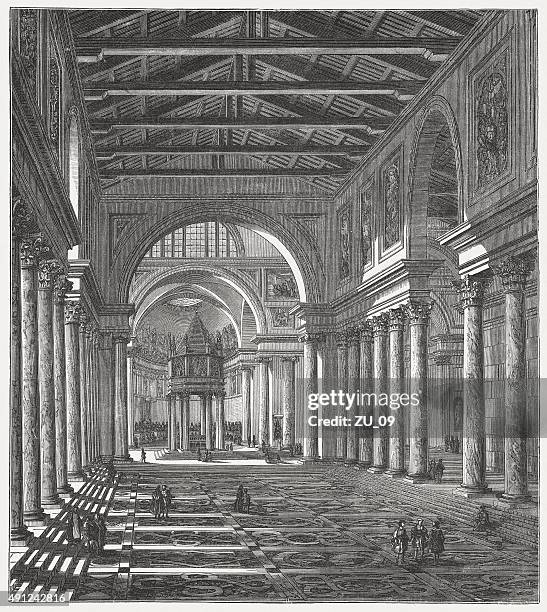 interior of the old st. peter's basilica, published in 1878 - peter the apostle stock illustrations