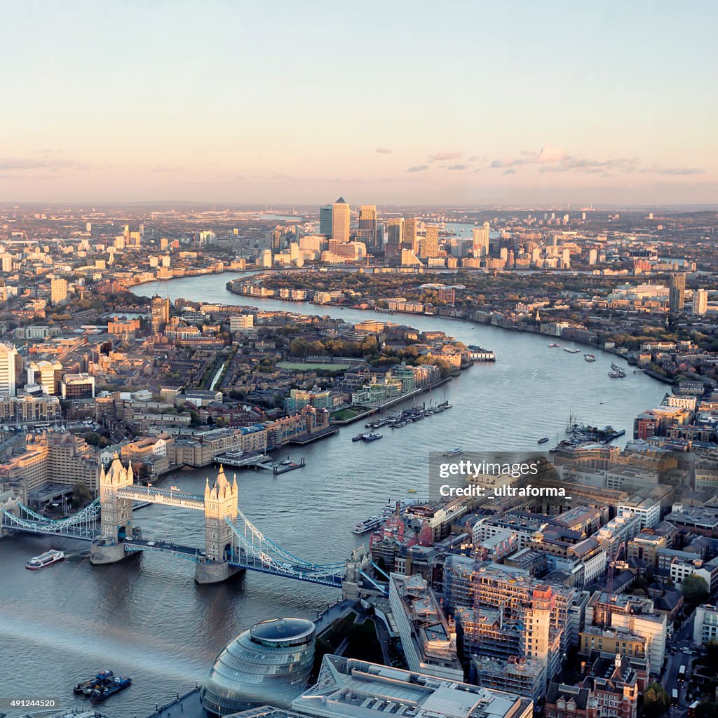 High angle view of London skyline at sunset
