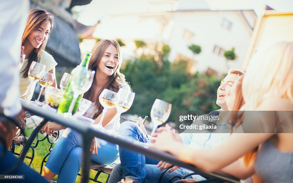 Group of people relaxing in backyard.
