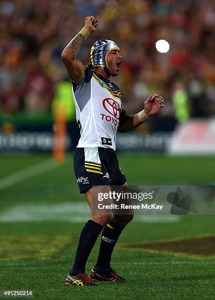 Johnathan Thurston of the Cowboys shows his frustration after missing a kick to win the game during the 2015 NRL Grand Final match between the...