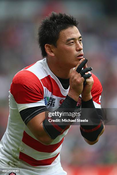 Ayumu Goromaru of Japan prepares to kick a penalty during the 2015 Rugby World Cup Pool B match between Samoa and Japan at Stadium mk on October 3,...