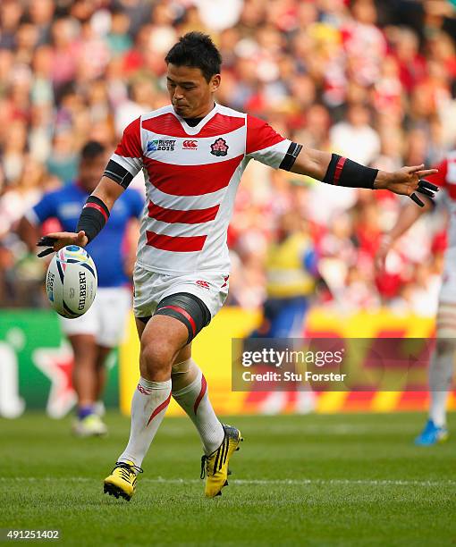 Japan player Ayumu Goromaru in action during the 2015 Rugby World Cup Pool B match between Samoa and Japan at Stadium mk on October 3, 2015 in Milton...