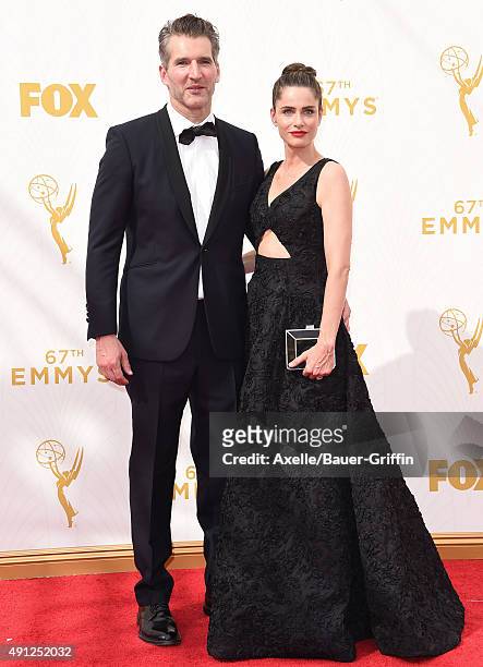 Producer David Benioff and actress Amanda Peet arrive at the 67th Annual Primetime Emmy Awards at Microsoft Theater on September 20, 2015 in Los...
