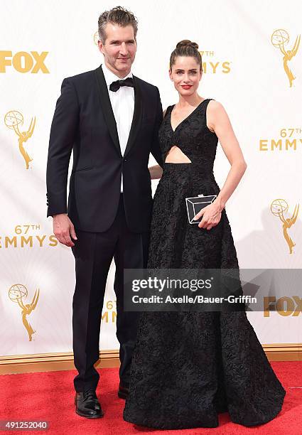 Producer David Benioff and actress Amanda Peet arrive at the 67th Annual Primetime Emmy Awards at Microsoft Theater on September 20, 2015 in Los...