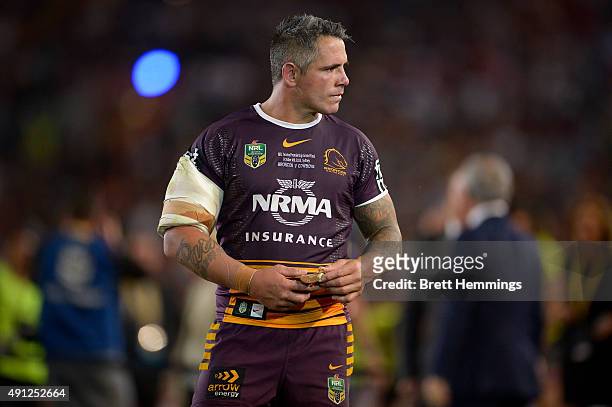Corey Parker of the Broncos shows his dejection after defeat during the 2015 NRL Grand Final match between the Brisbane Broncos and the North...