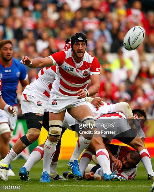 Japan player Hendrik Tui in action during the 2015 Rugby World Cup Pool B match between Samoa and Japan at Stadium mk on October 3, 2015 in Milton...