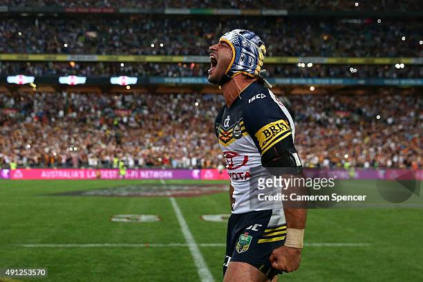 Johnathan Thurston of the Cowboys yells in frustration after missing a conversion kick during the 2015 NRL Grand Final match between the Brisbane...