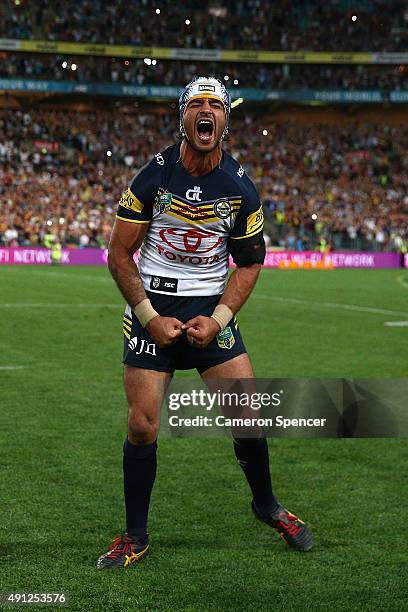 Johnathan Thurston of the Cowboys yells in frustration after missing a conversion kick during the 2015 NRL Grand Final match between the Brisbane...