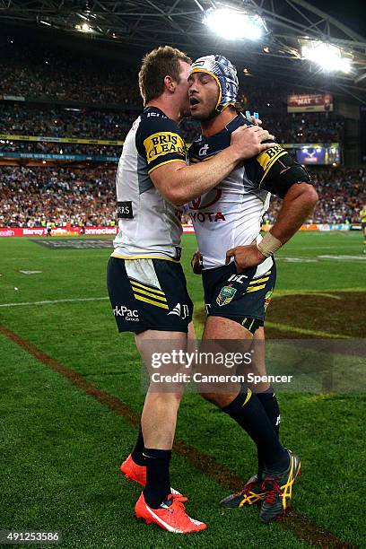 Johnathan Thurston of the Cowboys yells in frustration after missing a conversion kick during the 2015 NRL Grand Final match between the Brisbane...