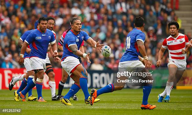 Somoa wing Alesana Tuilagi in action during the 2015 Rugby World Cup Pool B match between Samoa and Japan at Stadium mk on October 3, 2015 in Milton...