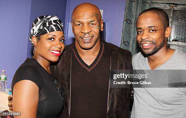 Fantasia Barrino, Mike Tyson and Dule Hill pose backstage at the hit musical "After Midnight" on Broadway at The Brooks atkinson Theater on May 15,...