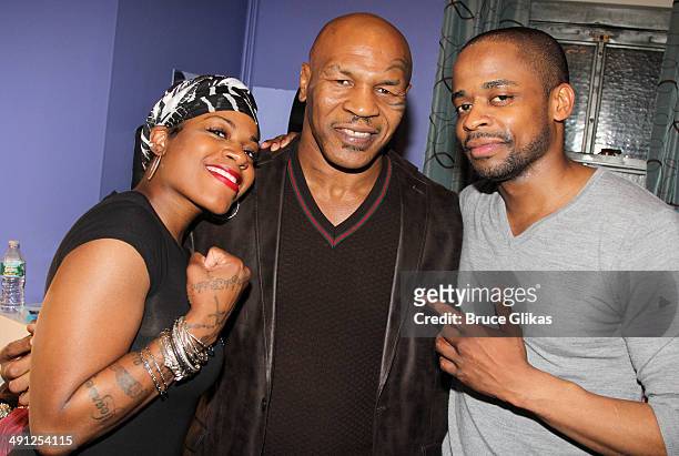Fantasia Barrino, Mike Tyson and Dule Hill pose backstage at the hit musical "After Midnight" on Broadway at The Brooks atkinson Theater on May 15,...