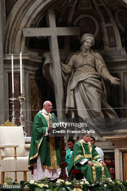 Pope Francis delivers his speech during a mass for the opening of the Synod on the themes of family at St. Peter's Basilica on October 4, 2015 in...
