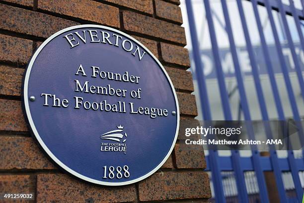 Sign commemorating the heritage of Everton Football Club- A founder member of the Football League at the Barclays Premier League match between...