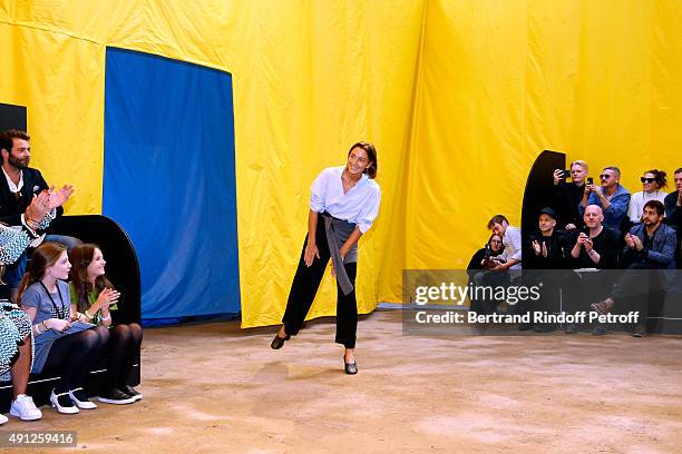 Fashion Designer Phoebe Philo acknowledges the applause of the audience at the end of the Celine show as part of the Paris Fashion Week Womenswear...