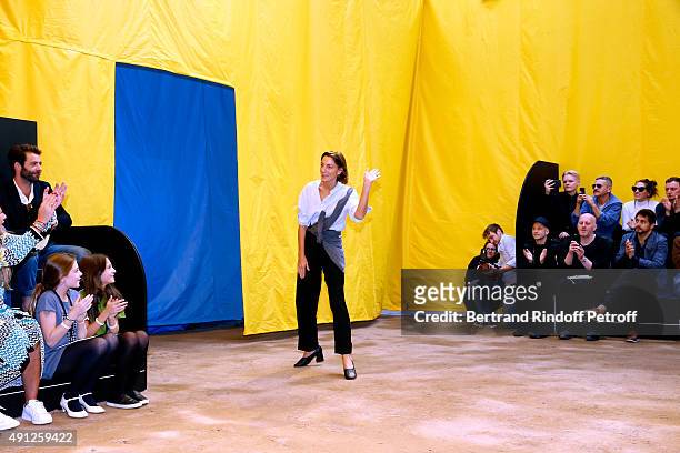 Fashion Designer Phoebe Philo acknowledges the applause of the audience at the end of the Celine show as part of the Paris Fashion Week Womenswear...